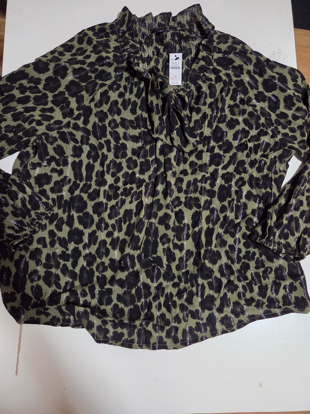 Talbots Olive Green and Black Animal Print Tie-Neck Blouse